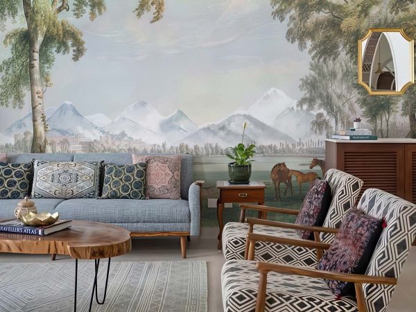 Alpine Pasture, Vintage Horse & Castle Wallpaper Mural