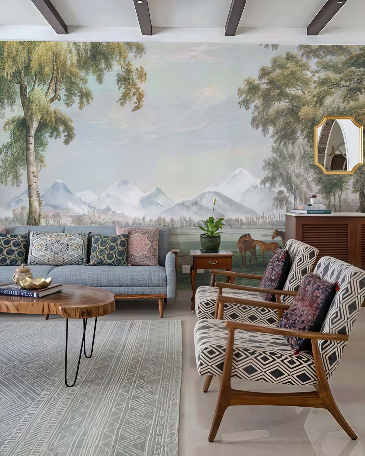 Alpine Pasture, Vintage Horse & Castle Wallpaper Mural