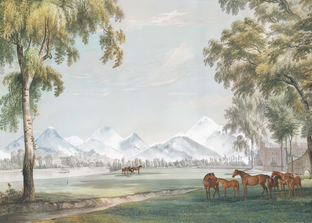 Alpine Pasture, Vintage Horse & Castle Wallpaper Mural