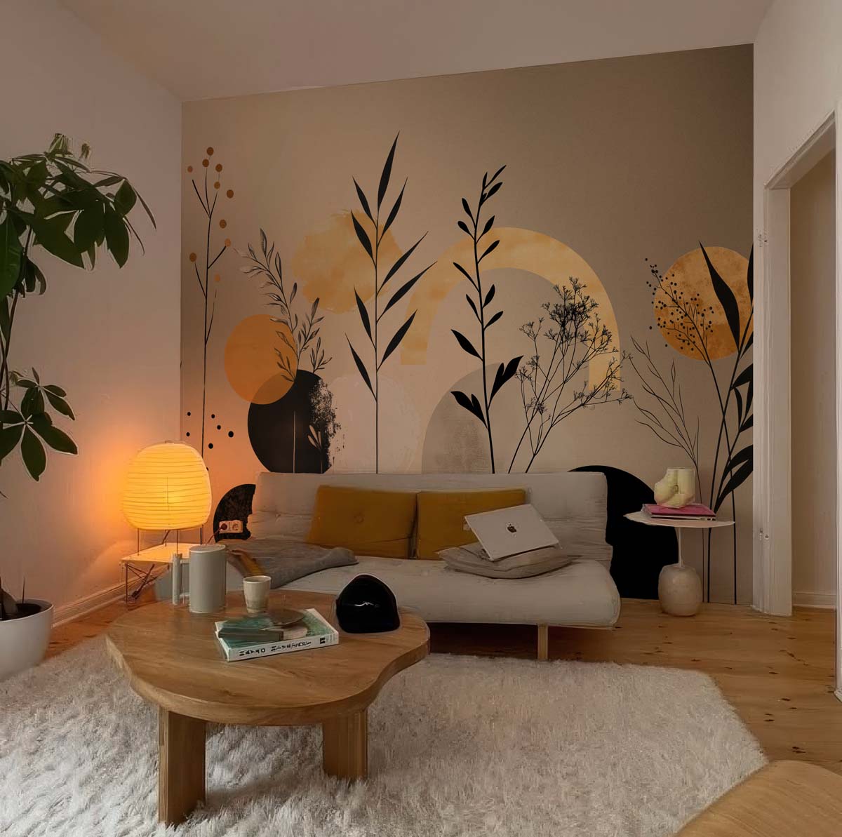 Aura, Ochre & Marigold Abstract Botanical Wallpaper
