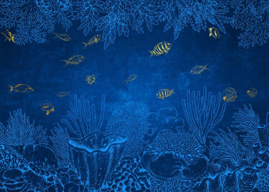 Aurean Abyss, Serene Deep Sea with Shimmering Fish Wallpaper Mural