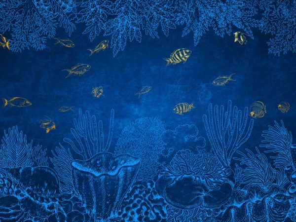 Aurean Abyss, Serene Deep Sea with Shimmering Fish Wallpaper Mural