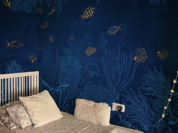 Aurean Abyss, Serene Deep Sea with Shimmering Fish Wallpaper Mural
