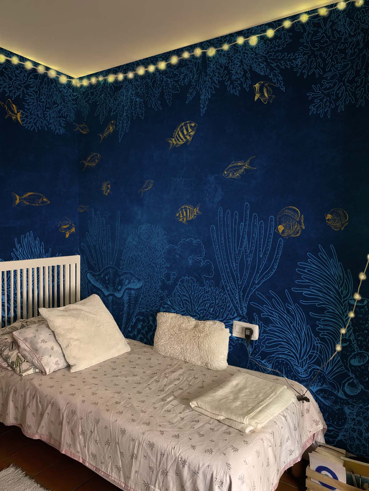 Aurean Abyss, Serene Deep Sea with Shimmering Fish Wallpaper Mural