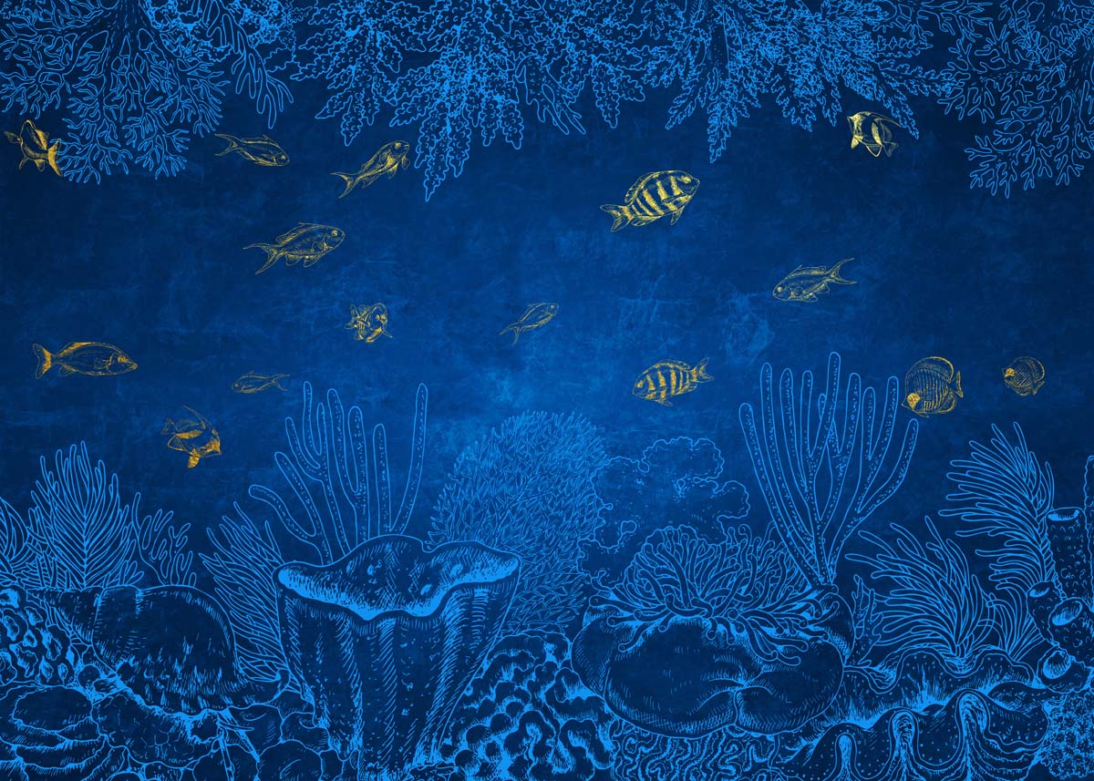 Aurean Abyss, Serene Deep Sea with Shimmering Fish Wallpaper Mural