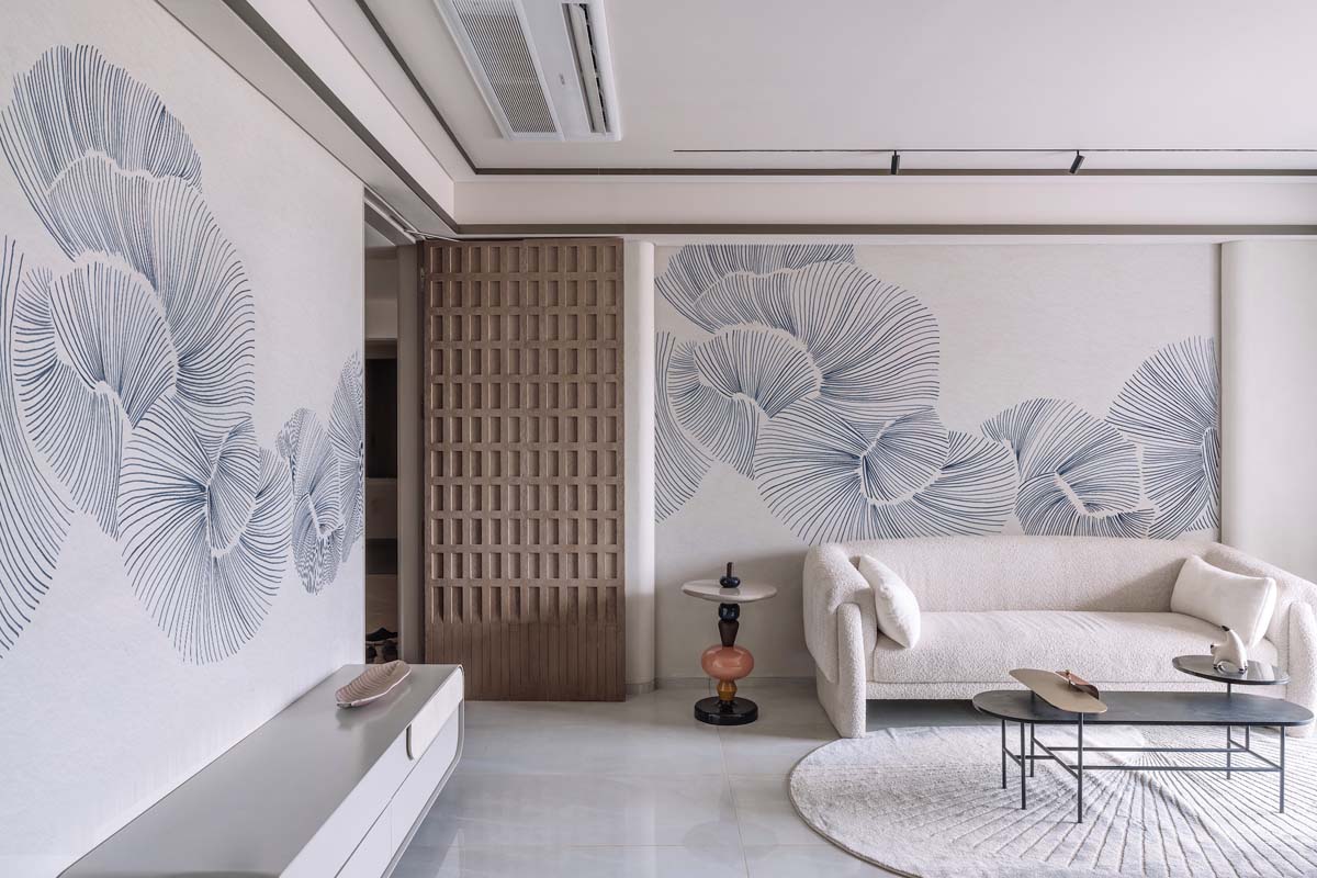Aurevia, Fine Indigo Linework Petals Wallpaper Mural