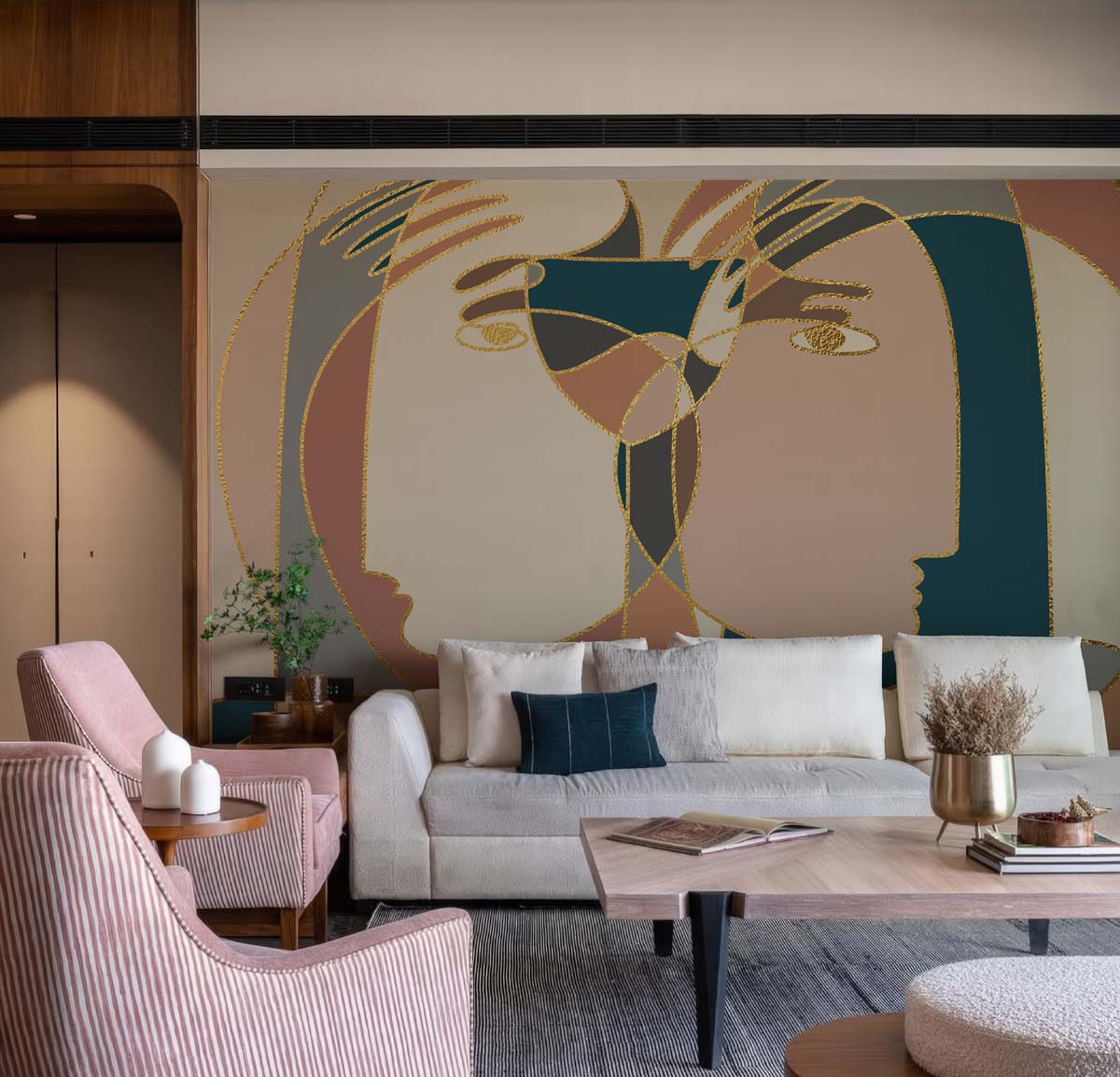 Aureza, Elegant Gold Accent Abstract Face Wallpaper Mural