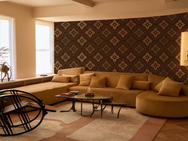 Baroque Ember, Ornate Brown Damask with Royal Plum Accents Wallpaper Mural