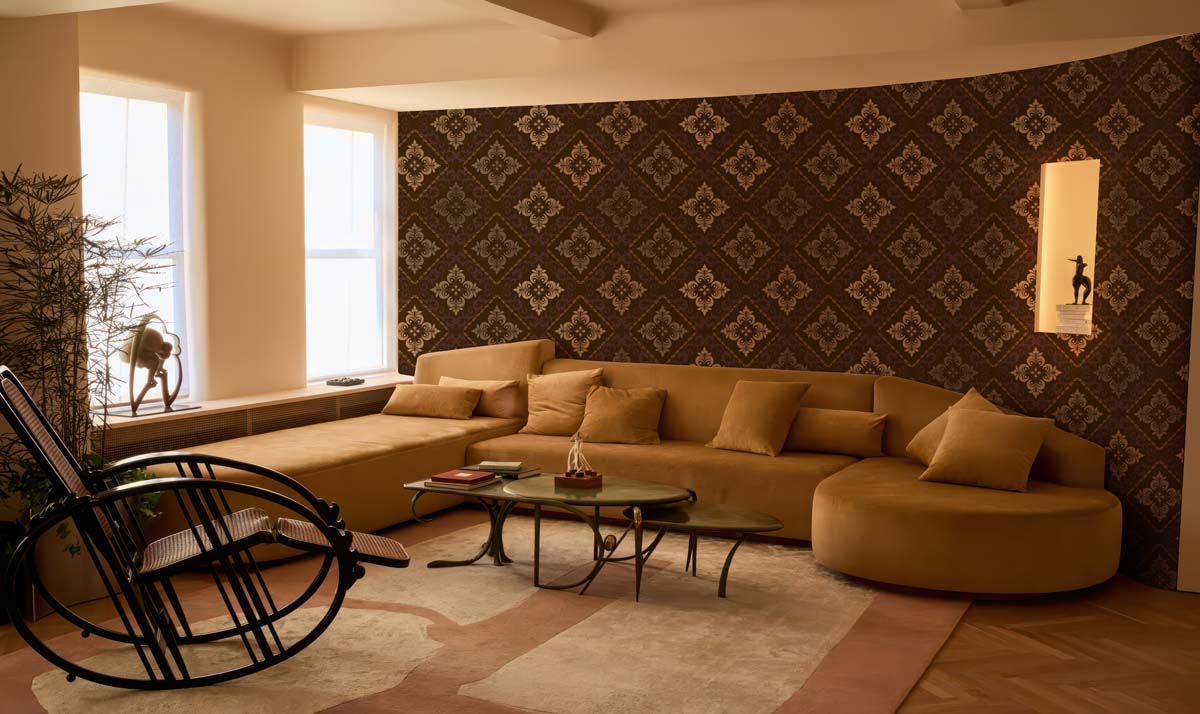Baroque Ember, Ornate Brown Damask with Royal Plum Accents Wallpaper Mural