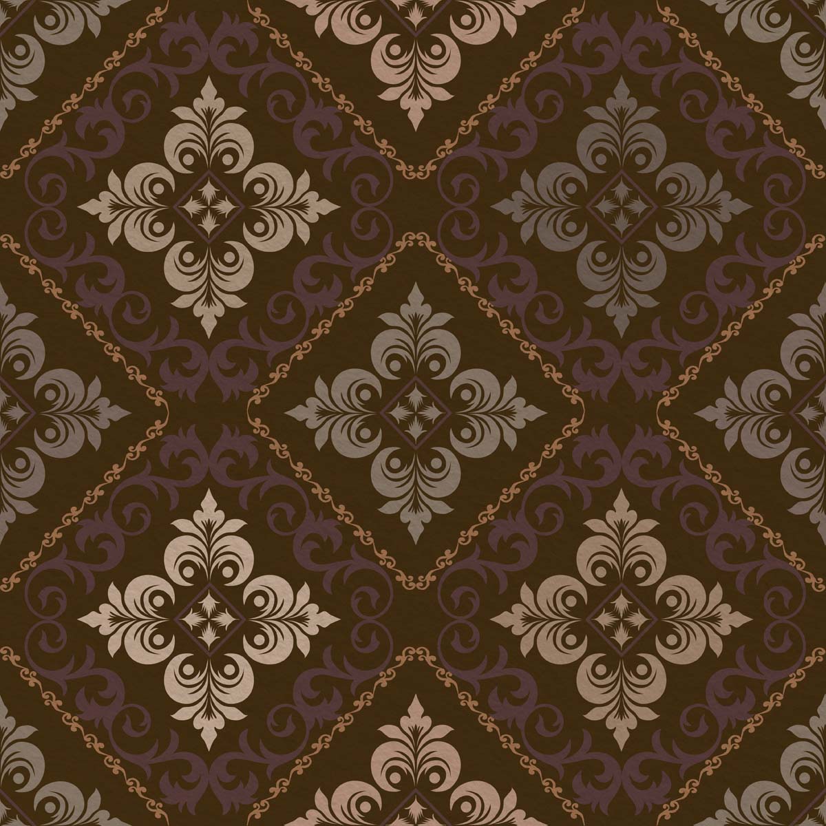 Baroque Ember, Ornate Brown Damask with Royal Plum Accents Wallpaper Mural