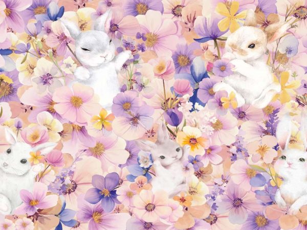 Blossom Bunnies, Whimsical Bunnies in a Pastel Floral Wonderland Wallpaper Mural