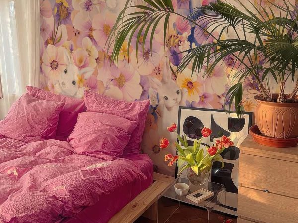 Blossom Bunnies, Whimsical Bunnies in a Pastel Floral Wonderland Wallpaper Mural