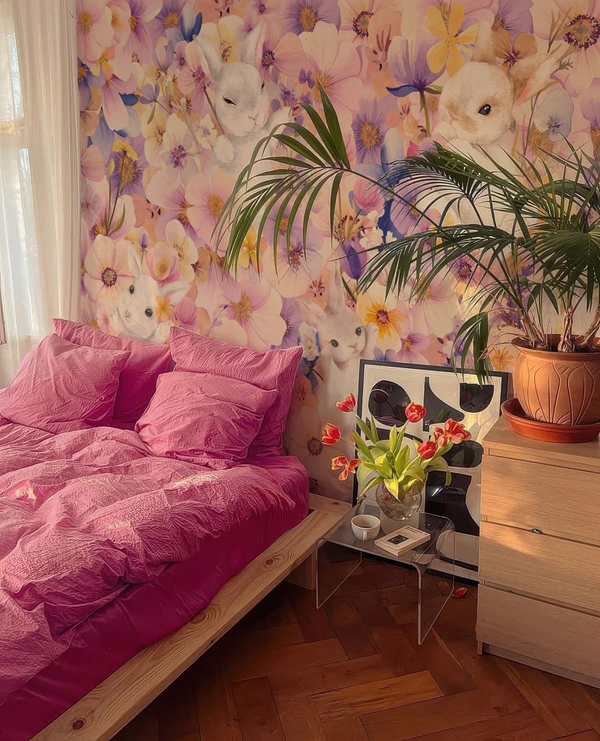 Blossom Bunnies, Whimsical Bunnies in a Pastel Floral Wonderland Wallpaper Mural