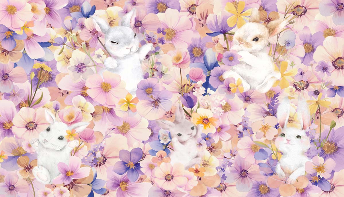 Blossom Bunnies, Whimsical Bunnies in a Pastel Floral Wonderland Wallpaper Mural