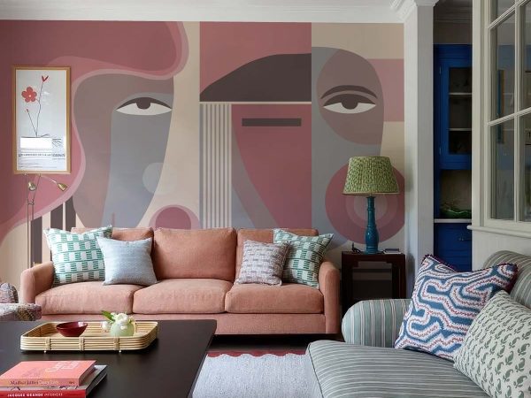 Blush Geometry, Abstract Faces in Dusty Rose and Taupe Tones Wallpaper Mural