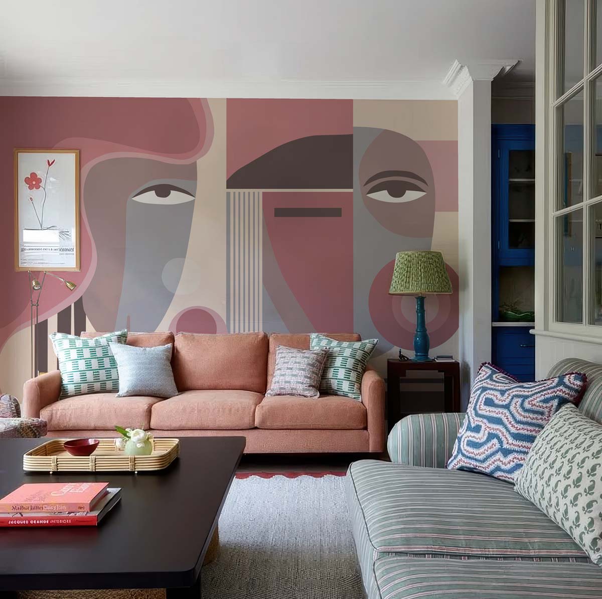 Blush Geometry, Abstract Faces in Dusty Rose and Taupe Tones Wallpaper Mural