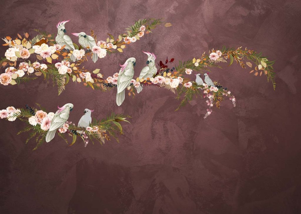 Blush in The Wild, Graceful Cockatoos on Blush Blooming Branches Wallpaper Mural