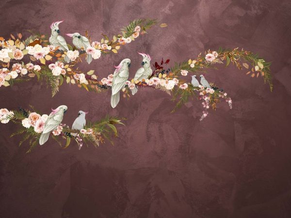 Blush in The Wild, Graceful Cockatoos on Blush Blooming Branches Wallpaper Mural