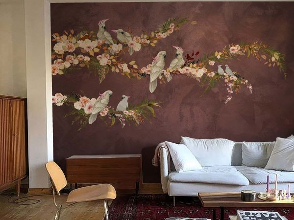 Blush in The Wild, Graceful Cockatoos on Blush Blooming Branches Wallpaper Mural