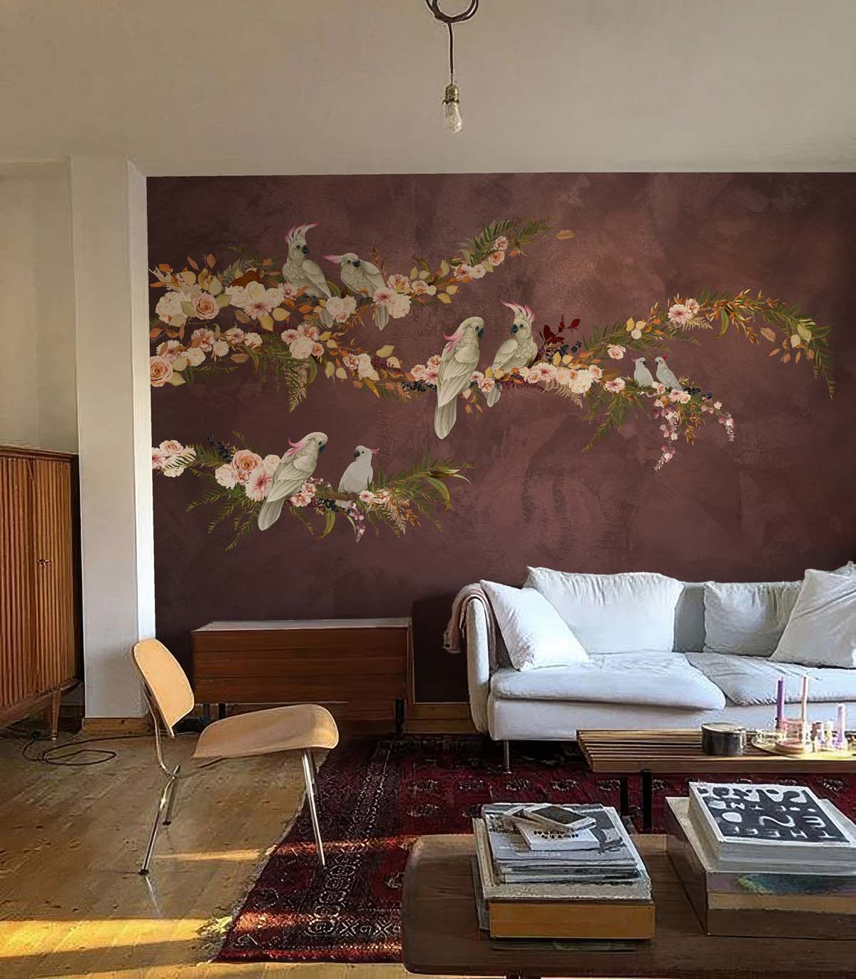 Blush in The Wild, Graceful Cockatoos on Blush Blooming Branches Wallpaper Mural
