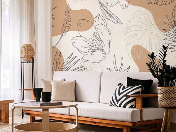 Calmora, Contemporary Style Line Art Leaves Wallpaper Mural