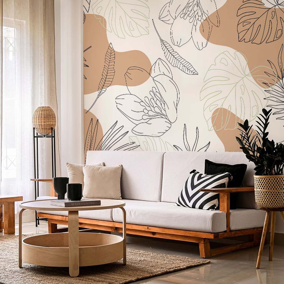 Calmora, Contemporary Style Line Art Leaves Wallpaper Mural