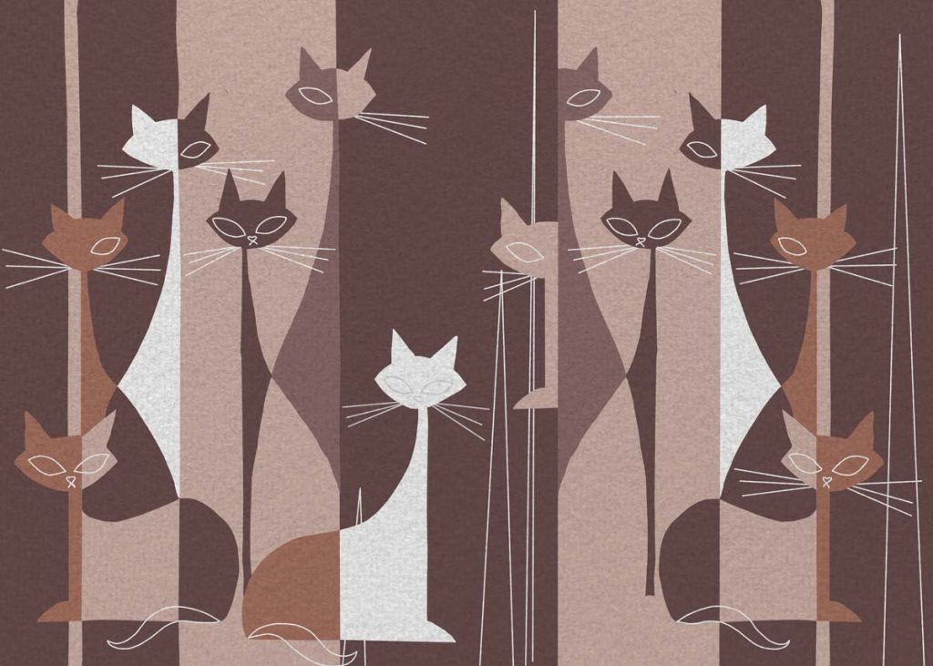 Cat Mat, Stylized Cats in Retro Cocoa Stripes Wallpaper Mural