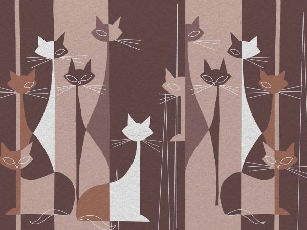 Cat Mat, Stylized Cats in Retro Cocoa Stripes Wallpaper Mural