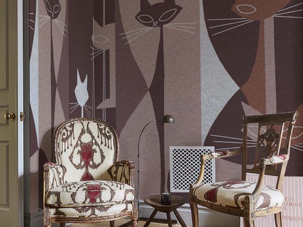 Cat Mat, Stylized Cats in Retro Cocoa Stripes Wallpaper Mural