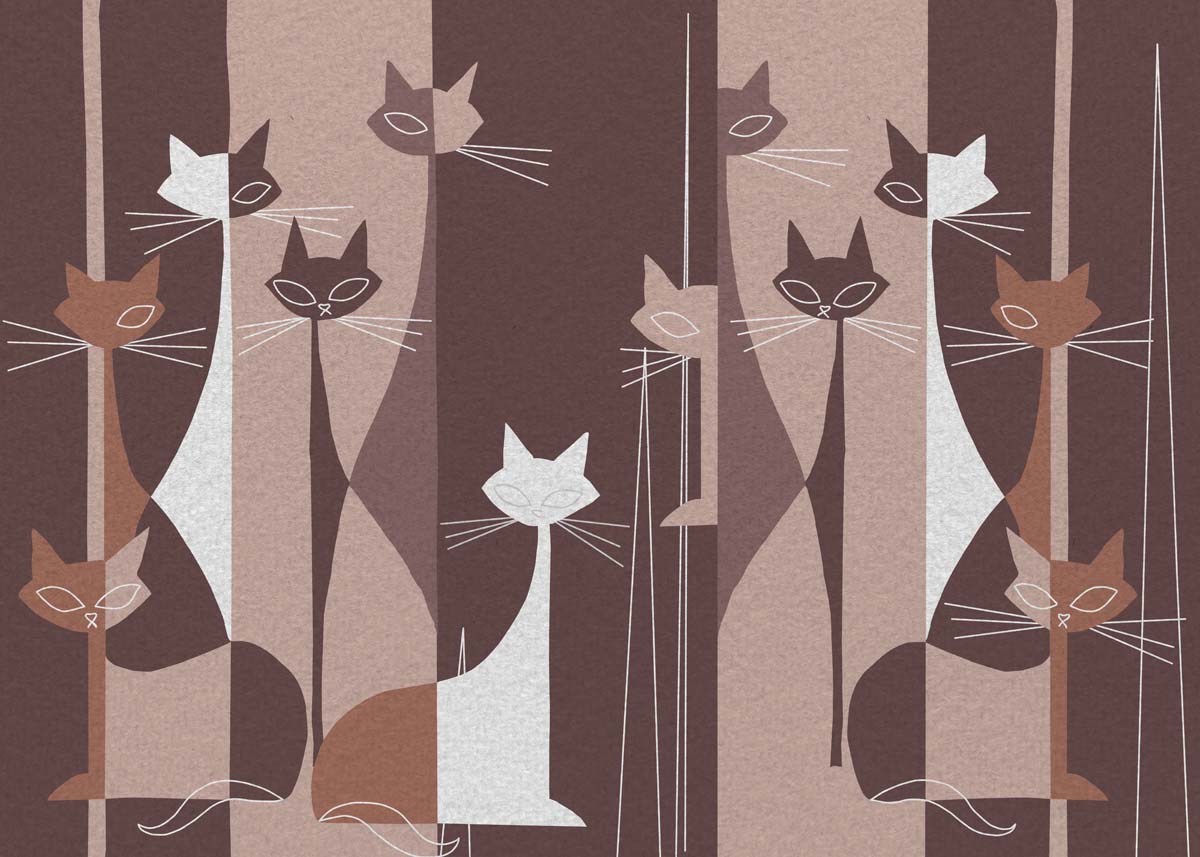Cat Mat, Stylized Cats in Retro Cocoa Stripes Wallpaper Mural