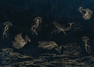 Celestide, Golden Sea Creatures in a Midnight Ocean Dreamscape Wallpaper Mural