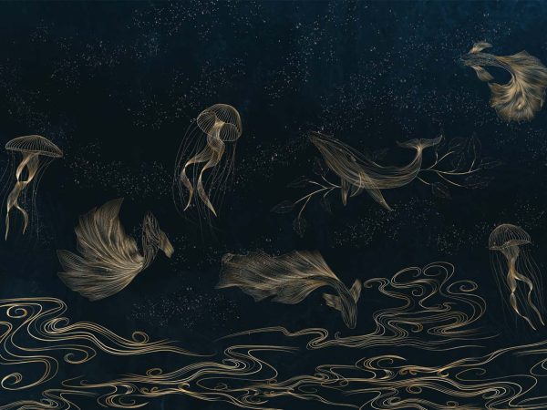 Celestide, Golden Sea Creatures in a Midnight Ocean Dreamscape Wallpaper Mural