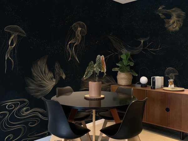 Celestide, Golden Sea Creatures in a Midnight Ocean Dreamscape Wallpaper Mural