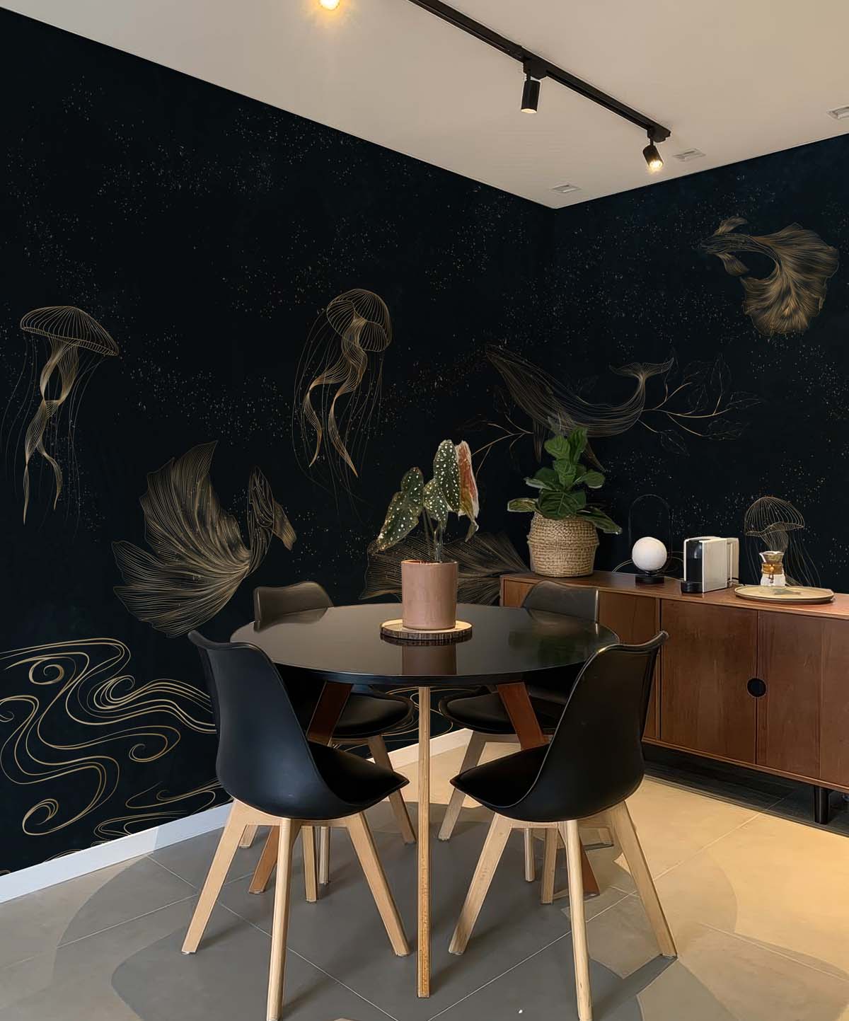 Celestide, Golden Sea Creatures in a Midnight Ocean Dreamscape Wallpaper Mural