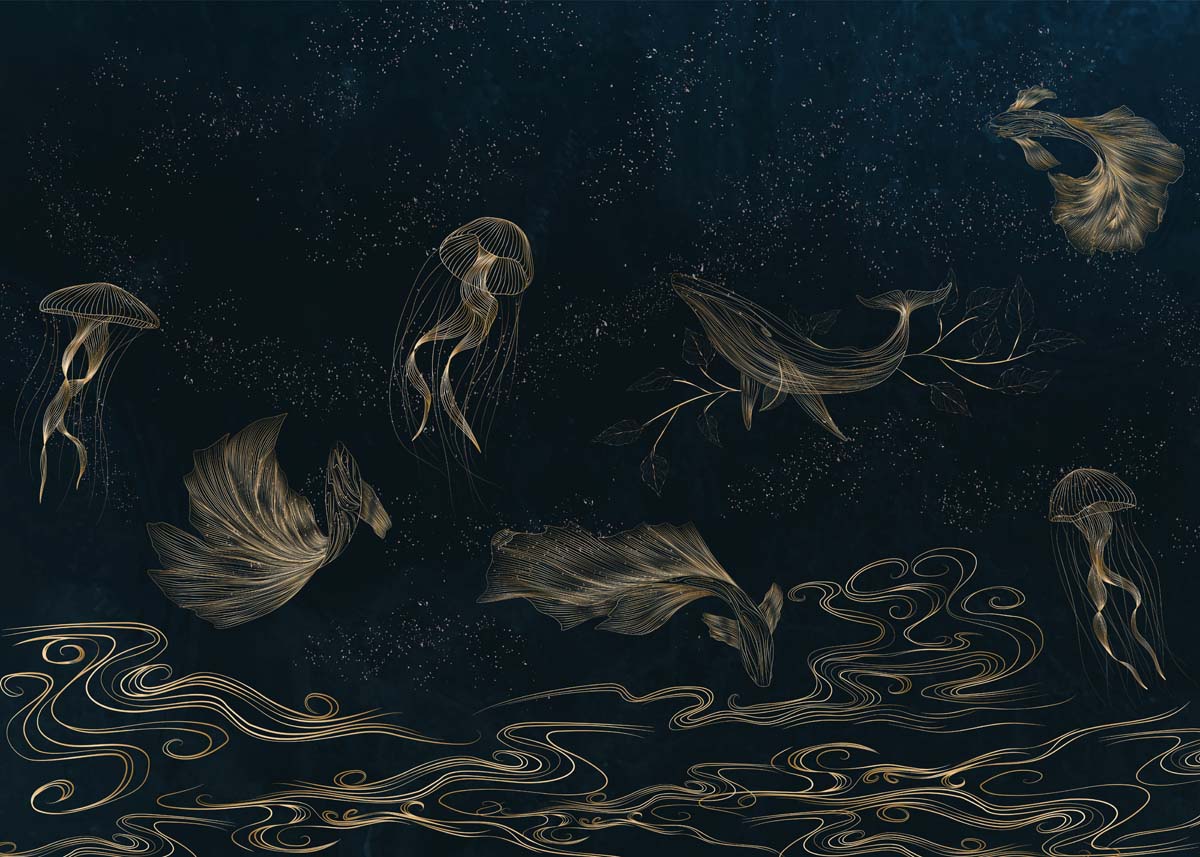 Celestide, Golden Sea Creatures in a Midnight Ocean Dreamscape Wallpaper Mural