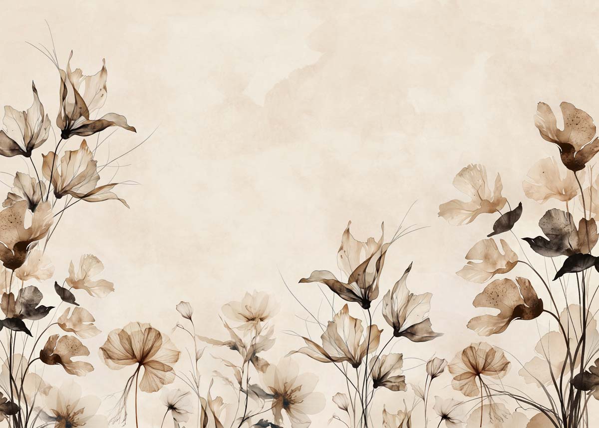Delaira, Sepia Meadow Bloom Floral Wallpaper Mural