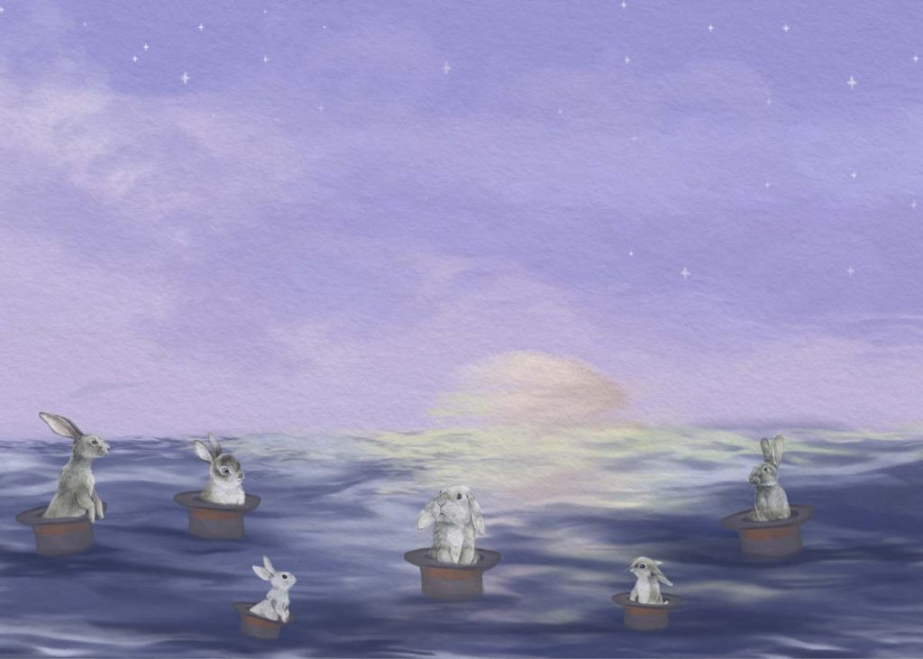 Echoes Edo, Dreamy Bunnies Adrift in Magic Hats on a Starlit Sea Wallpaper Mural