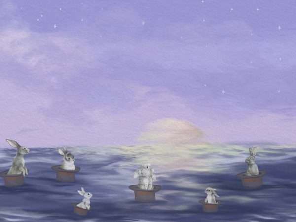 Echoes Edo, Dreamy Bunnies Adrift in Magic Hats on a Starlit Sea Wallpaper Mural