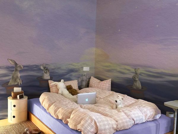 Echoes Edo, Dreamy Bunnies Adrift in Magic Hats on a Starlit Sea Wallpaper Mural M