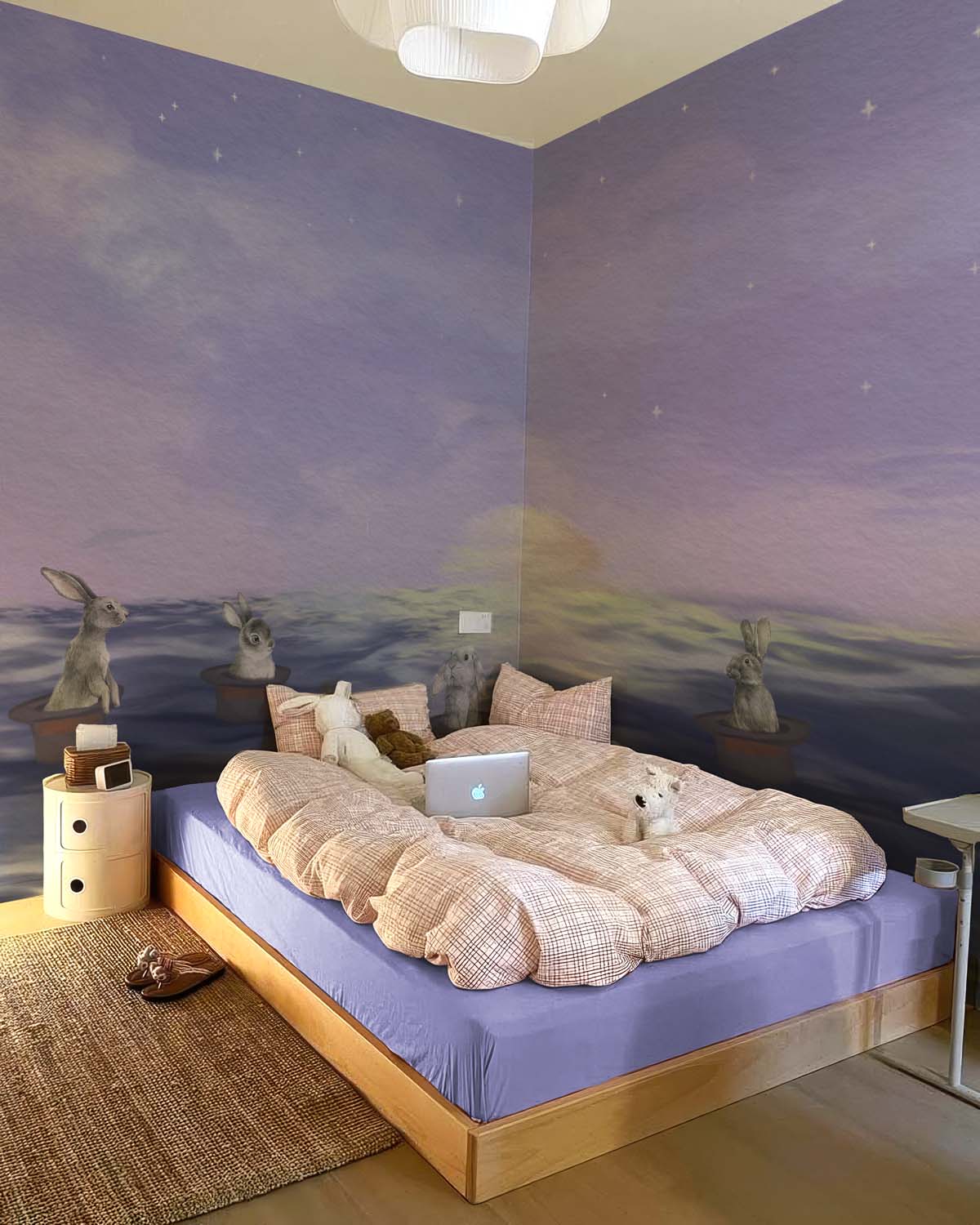 Echoes Edo, Dreamy Bunnies Adrift in Magic Hats on a Starlit Sea Wallpaper Mural M