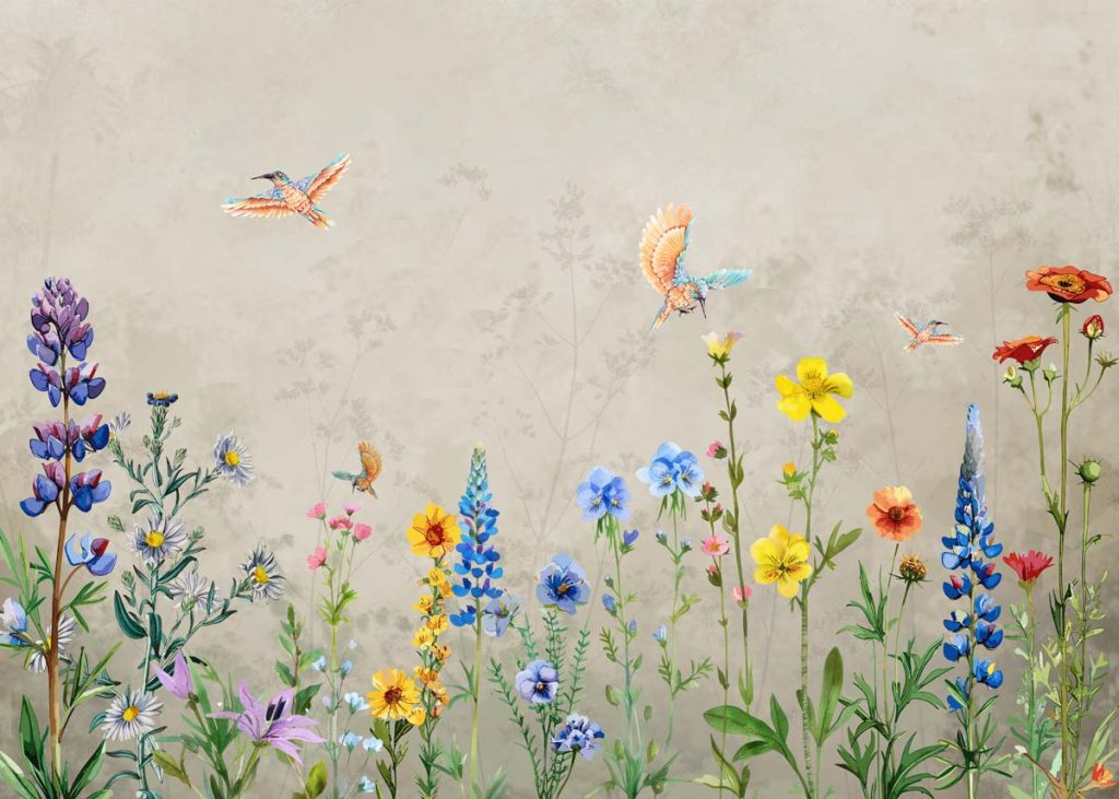 Elora, Delicate Wildflowers and Birds Bloom Wallpaper Mural