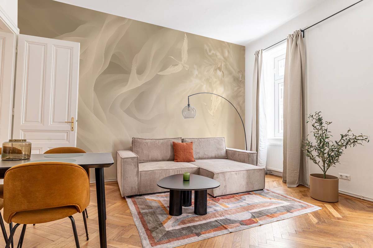 Ethereal Flight, Cream Fabric & Crane Wallpaper Mural