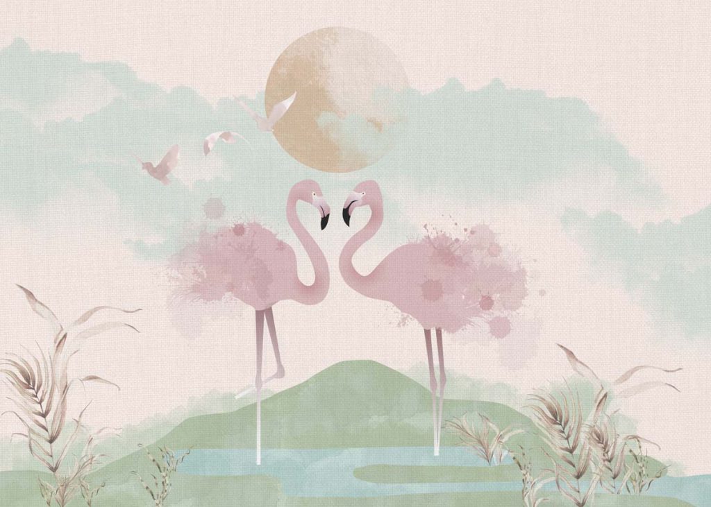Flamingo Canvas, Graceful Flamingos in a Pastel Wetland Dreamscape Wallpaper Mural