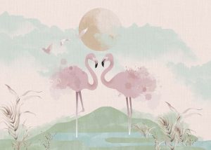 Flamingo Canvas, Graceful Flamingos in a Pastel Wetland Dreamscape Wallpaper Mural