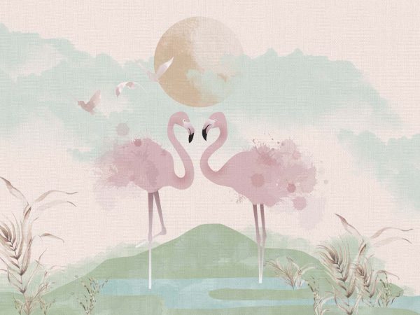 Flamingo Canvas, Graceful Flamingos in a Pastel Wetland Dreamscape Wallpaper Mural