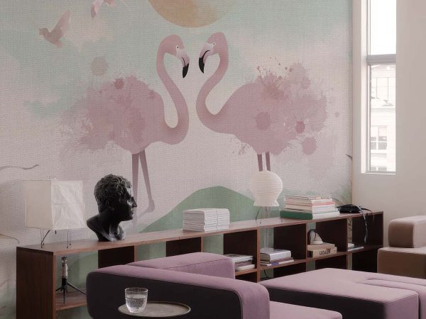 Flamingo Canvas, Graceful Flamingos in a Pastel Wetland Dreamscape Wallpaper Mural M