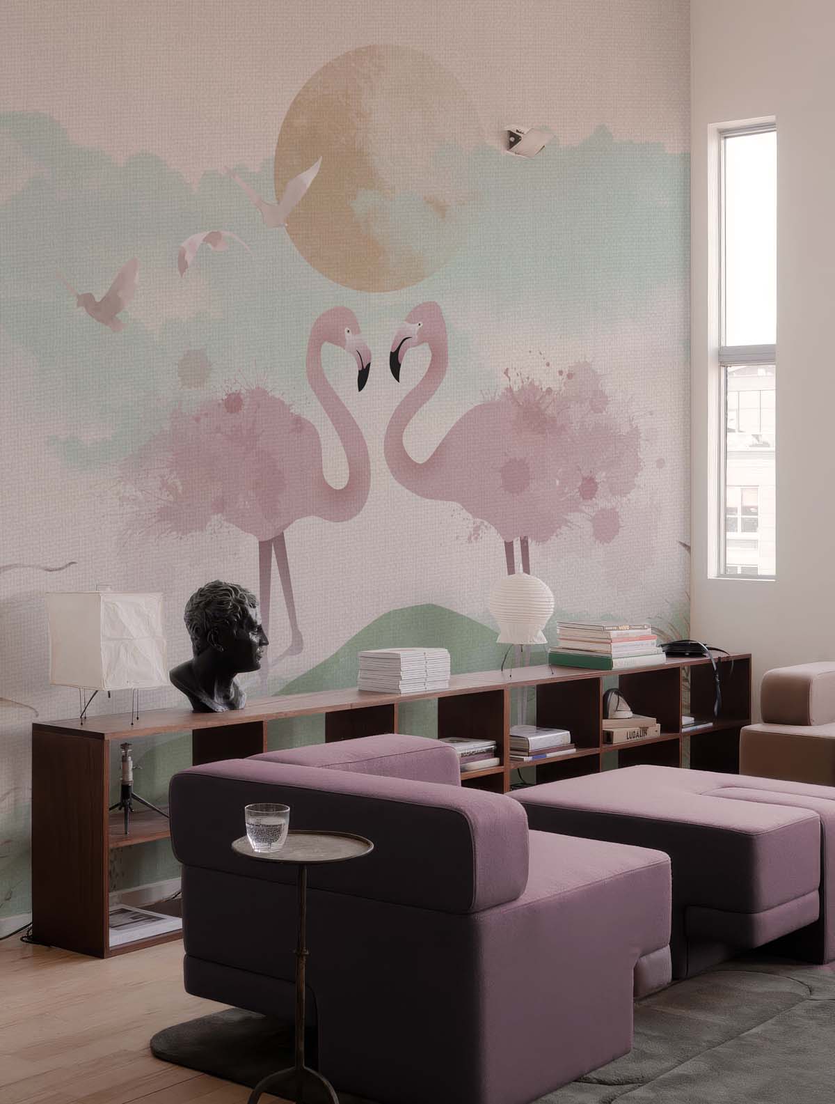 Flamingo Canvas, Graceful Flamingos in a Pastel Wetland Dreamscape Wallpaper Mural M