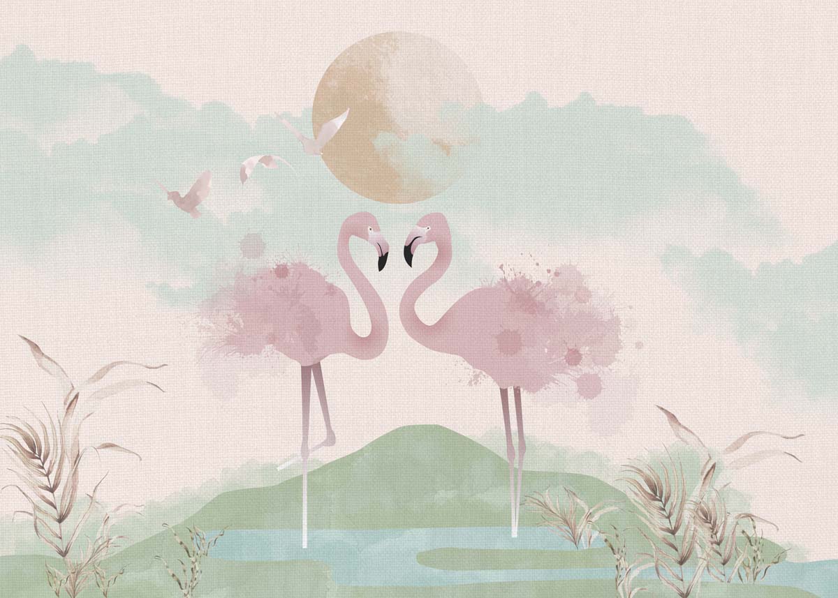 Flamingo Canvas, Graceful Flamingos in a Pastel Wetland Dreamscape Wallpaper Mural