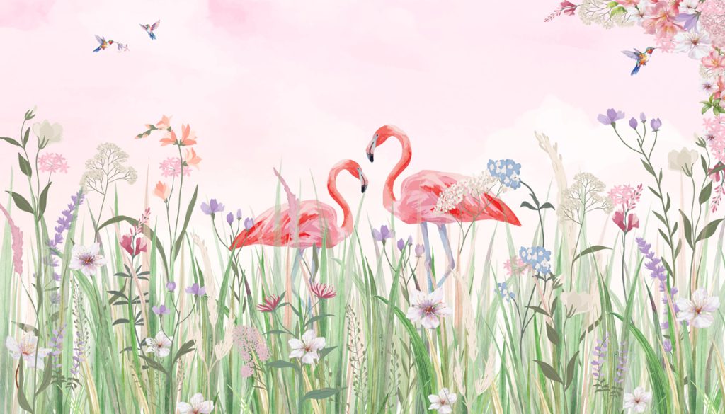 Flamingo Meadow, Enchanted Flamingos in a Hummingbird Meadow Wallpaper Mural