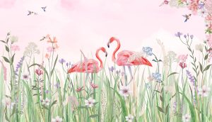 Flamingo Meadow, Enchanted Flamingos in a Hummingbird Meadow Wallpaper Mural